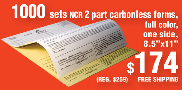 Carbonless Copies - 2 part carbonless copies printed on one side in FULL COLOR. Offering 1000 sets.