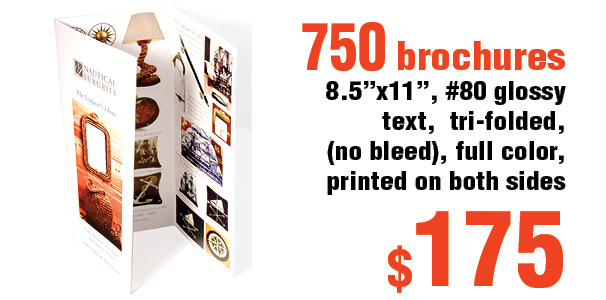 Trifold brochures printed on 80# gloss text paper are a great way to promote your products and services. This picture shows an offer with no bleed
